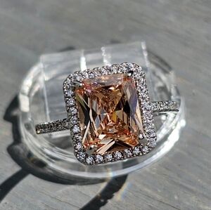 4.29CTW Classic Emerald Cut Morganite 3/4 Halo size 7